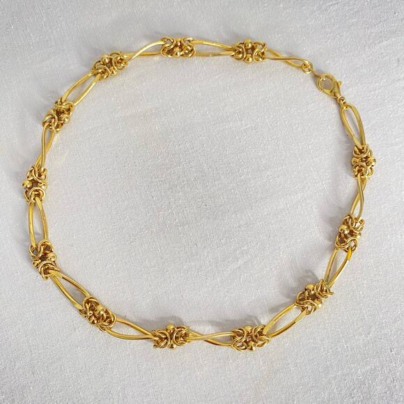 Gold Tone Collar Necklace Long Twisted Links Double Knots Joined Balled Rings - Picture 2 of 7